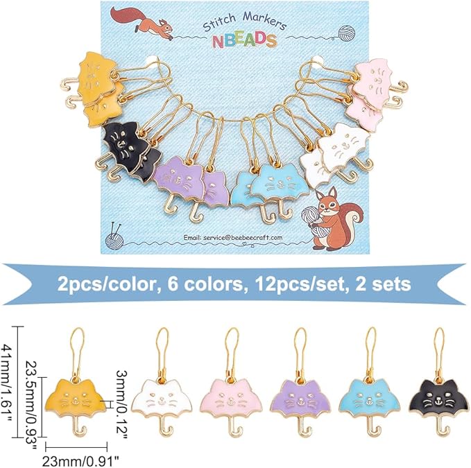 NBEADS 24 Pcs Cat Umbrella Stitch Markers, Enamel Alloy Crochet Stitch Marker Charms Removable Iron Kilt Pin Locking Stitch Marker for Knitting Weaving Sewing Jewelry Making