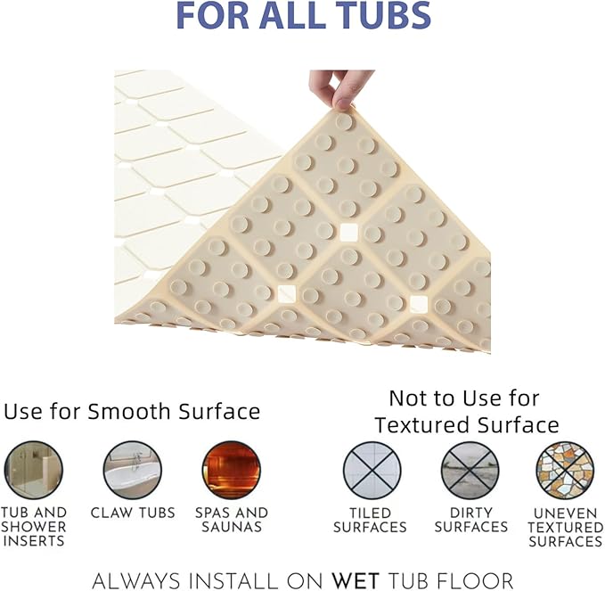 Bathtub Mat Non Slip Silicone Foldable Extra Long Tub Mat Strong Suction Cups & Large Drain Holes, Durable,Machine Washable for Smooth Surfaces Shower Mat, Ideal for Families Beige,15"x40" Beige