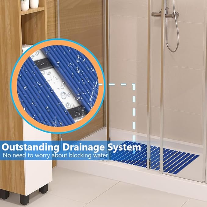Bath Mat Non Slip Shower Mat Bathtub with Drain Holes and Heavy Duty Rubber No Suction Cups Sturdy Shower Stall Tub Mat for Bathroom, Shower Floor, Pool, SPA, (Blue, 17"x26")