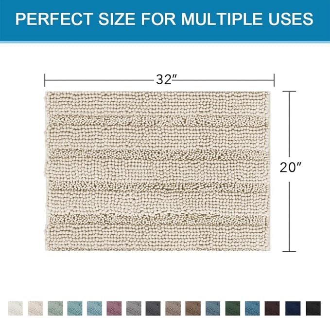 H.VERSAILTEX Bath Mats for Bathroom Non Slip Thick Chenille Striped Bath Rug Absorbent Fluffy Soft Shaggy Rugs Washable Dry Fast Plush Mats for Indoor, Bath Room, Tub - 20" x 32", Fog
