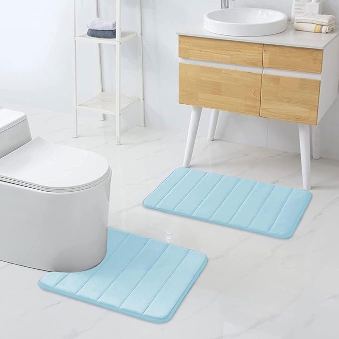 Buganda Memory Foam U-Shaped Contour Toilet Rugs, Non Slip Absorbent, Thick Soft Washable Bathroom Mat, Floor Carpet Bath Rugs Mat for Toilet Base (24" x 20", Light Blue)