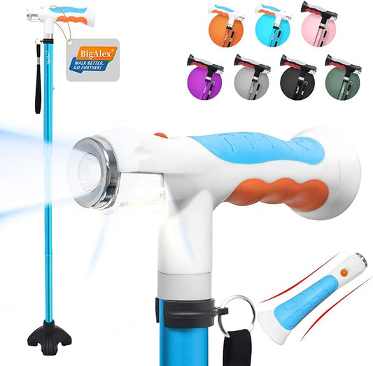 BigAlex Folding Walking Cane with Two Led Lights for Elderly Solid Base Adjustable Walking Stick with Carrying Bag for Men Women