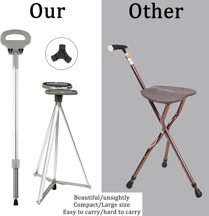Walking Cane with Seat for Men & Women, Lightweight Anti-Slip Walking Stick with Carry Bag, Portable Stool for Senior & Adults, Foldable Cane Chair for Travel Hiking