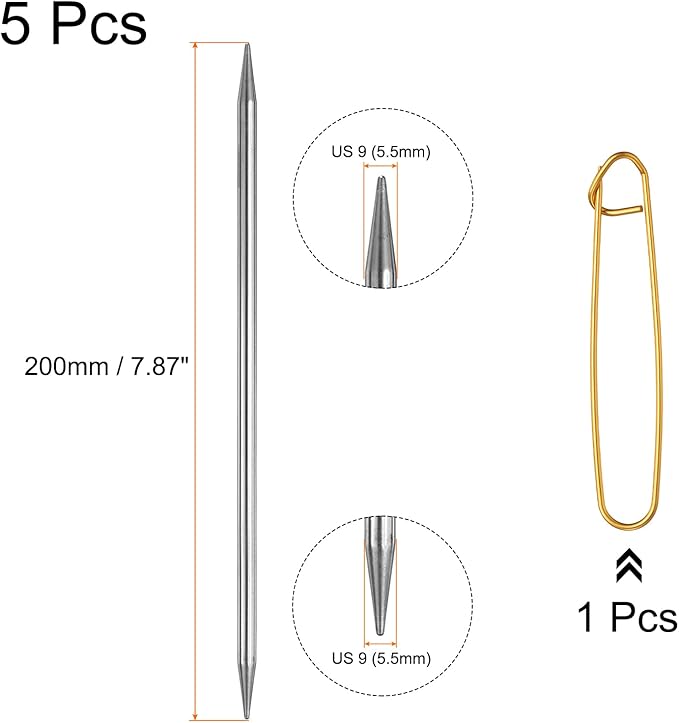 uxcell 5Pcs US 9(5.5mm) Double Pointed Knitting Needle 7.87 Inches Length Stainless Steel Sweater Stitching Needles with Stitch Holder for Handmade Projects DIY Knitting