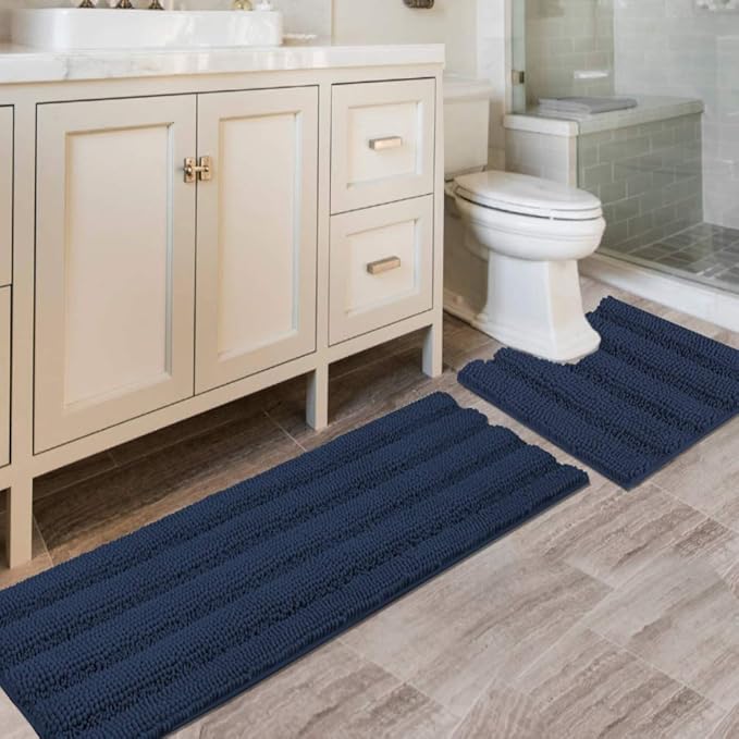 H.VERSAILTEX Bathroom Rugs Bath Rug Set 2 Piece Bathroom Contour Rug Toilet Mat Sets Non Slip Contour Bath Rug Ultra Thick Water Absorbent Striped Bath Mats Washable(47" x 17" Plus 20" x 20" U, Navy)
