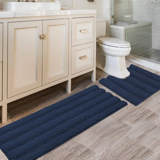 H.VERSAILTEX Bathroom Rugs Bath Rug Set 2 Piece Bathroom Contour Rug Toilet Mat Sets Non Slip Contour Bath Rug Ultra Thick Water Absorbent Striped Bath Mats Washable(47" x 17" Plus 20" x 20" U, Navy)