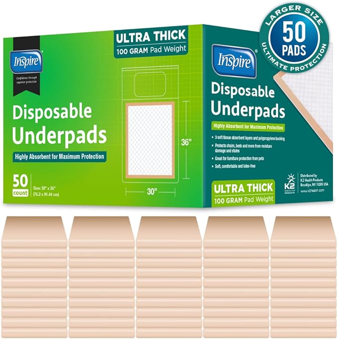 Inspire Extra Large Super Absorbent Disposable Bed Pads for Chronic Incontinence Ultra Thick and Absorbent Bed Pads Disposable Adult | Pee Pads for Adults (30" X 36" Pack of 50)