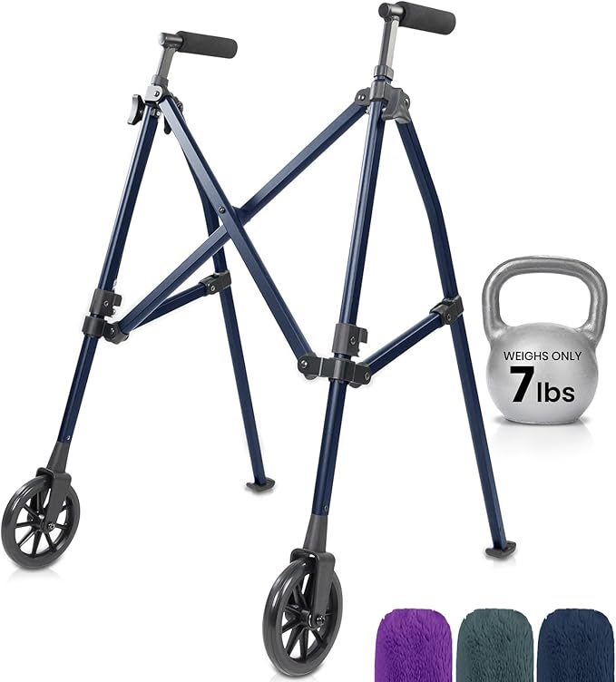 Vive Lightweight Folding Walker for Seniors - Narrow Foldable Rolling Walker for Small Spaces- Compact & Collapsible for Travel - with Wheels, Mobility Support, Portable- Weighs Only 7 Pounds