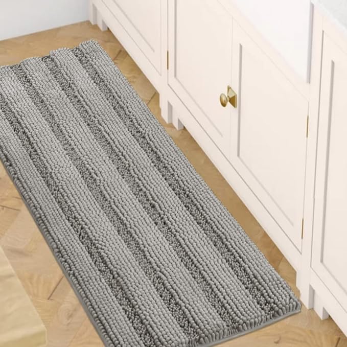 H.VERSAILTEX Bath Rugs for Bathroom Non Slip Bath Mats Extra Thick Chenille Striped Bath Rug Runners 47" x 17" Absorbent Fluffy Soft Shaggy Mats Dry Fast Plush Area Carpet for Bath Room - Dove