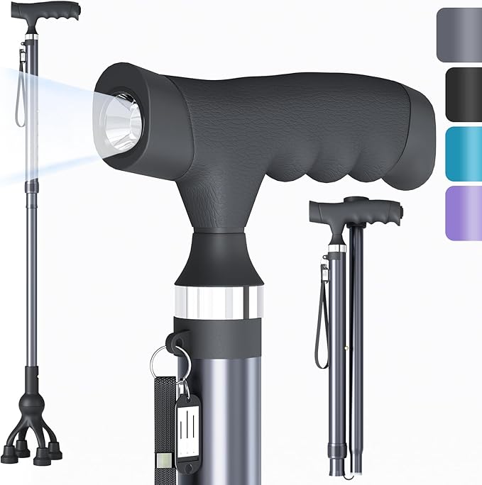 Walking Cane with LED Light for Seniors Men Women, Adjustable Folding Canes for Elderly, Ergonomic Handle & All Terrain Shock Absorbing Base, Walking Sticks for Indoor Outdoor Travel Hiking Support