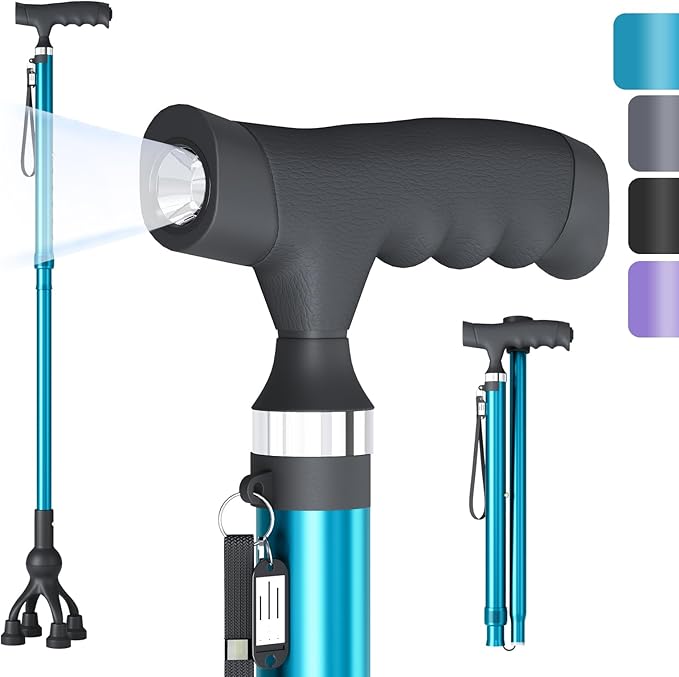 Walking Cane with LED Light for Seniors Men Women, Adjustable Folding Canes for Elderly, Ergonomic Handle & All Terrain Shock Absorbing Base, Walking Sticks for Indoor Outdoor Travel Hiking Support