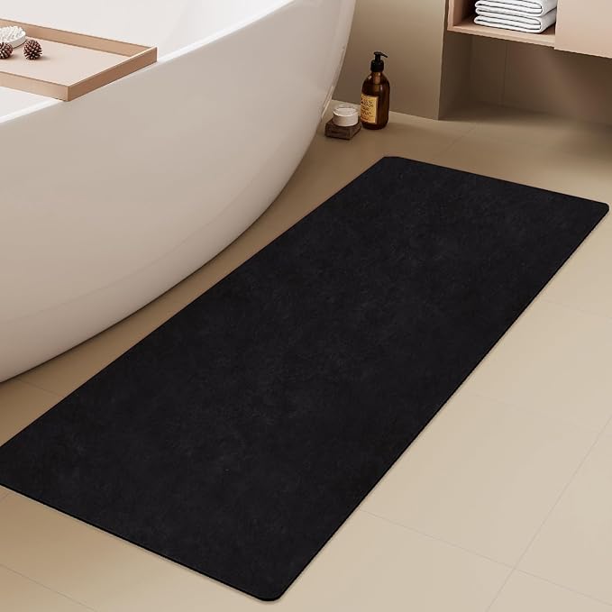 Black Bath Mat, Bathroom Rugs Non Slip Washable Thin Absorbent Quick Dry Bath Mat Fits Under Door Bathroom Floor Mat Perfect for Bath, Shower, or Sink 24"x70" Black