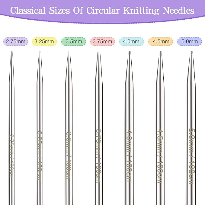 Katech 40 inch (100cm) Circular Knitting Needles Set, 2.75mm-5.00mm Stainless Steel Knitting Needles with Cables, 7 Sizes Long Round Needle for Sweaters, Hats, Socks, Scarves