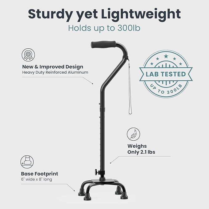 PELEGON Quad Cane (300 lb) - Adjustable Walking Cane with A Large 4 Pronged Base for Extra Balance & Stability, Walking Canes for Seniors, Walking Cane for Men & Women, Walking Sticks