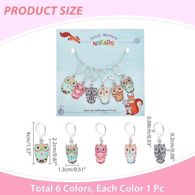 NBEADS 6 Pcs Owl Stitch Markers, 6 Colors Alloy Enamel Crochet Stitch Marker Charms Locking Stitch Marker for Knitting Weaving Sewing Accessories Quilting Handmade Jewelry