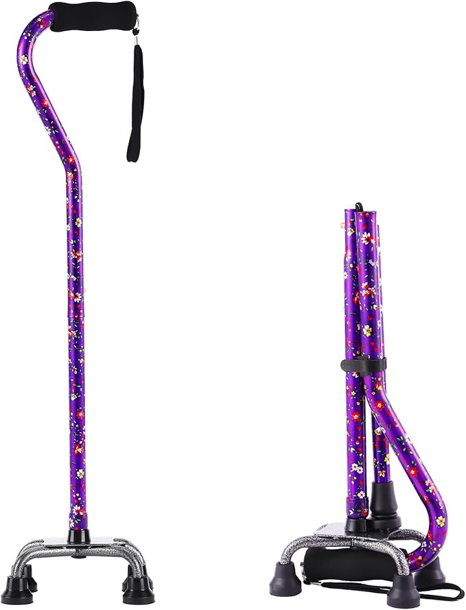 Walking Cane for Women & Men, Adjustable Quad Cane with 4-Prong Base for Stability and Balance, Folding Aluminum Walking Stick for Seniors