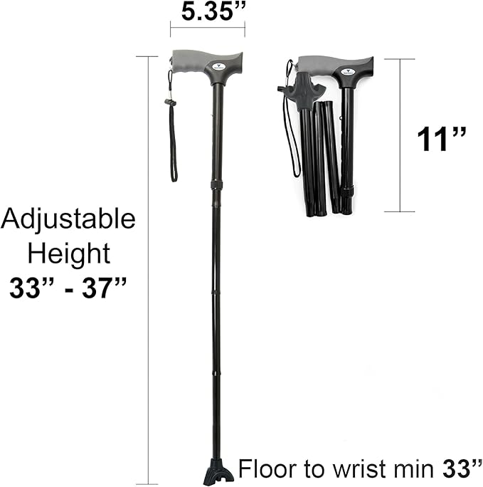 FSA/HSA Eligible, Vaunn Medical Easy Grip Height Adjustable Folding Cane/Walking Stick with Strap/Pouch- Compact, Portable, and Safe Walking Assistant- Non-Slip Grip Handle- Men, Women, Elderly