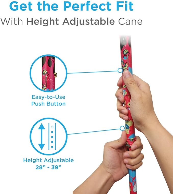 Nova Joy Designer Offset Walking Cane for Seniors - Unisex Adjustable Lightweight Aid with Foam Handle, Wrist Strap and Anti-Rattle Lock - Essential Mobility Support - Flower Power