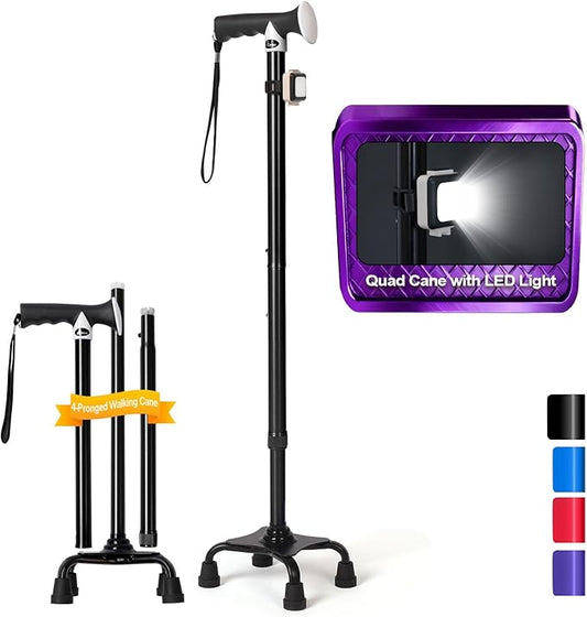 Quad Cane with LED Light (300 lbs) - Adjustable 4-Pronged Walking Cane Sticks for Men & Women, Extra Balance & Stability for Seniors