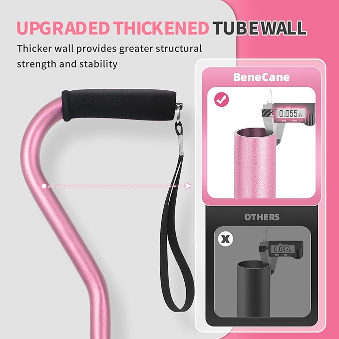 BeneCane Quad Cane Adjustable Walking Cane with Offset Soft Cushioned Handle for Men & Women Lightweight Comfortable with 4-Pronged feet for Extra Stability