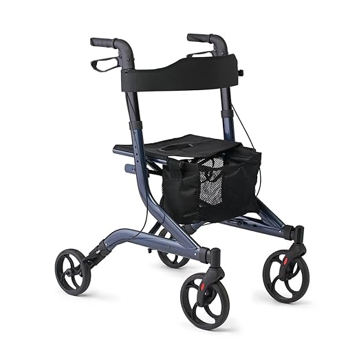 Medline Aluminum European Style Foldable Rollator with Backrest, 300 lbs. Capacity, Navy — For Foot & Leg Injuries & Post-Surgery