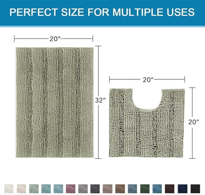 H.VERSAILTEX Bathroom Rug Sets 2 Piece Bath Mats Non Slip Thick Soft Chenille Striped Bath Rug achine Washable Shower Floor Rugs for Tub, Shower and Floor (Eucalyptus Green, 20"x32" Plus 20"x20" U)