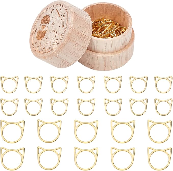 NBEADS 30 Pcs Cat's Head Stitch Marker Rings, Alloy Metallic Stitch Marker Knitting Stitch Counter Stitch Ring Markers with Wooden Storage Box for Knitting Sewing Quilting Jewelry Making