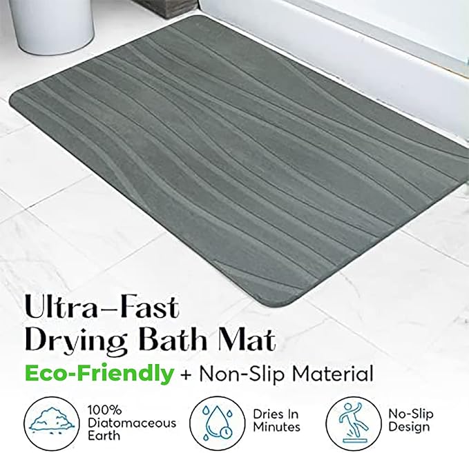 SUTERA Diatomaceous Stone Bathmat | Ultra-Absorbent, Quick-Drying Bath Mat | Slip-Resistant Surface for Safer Bathrooms | Charcoal Grey Finish | 23.5" x 15" (1 Pack)