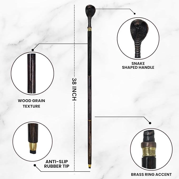 All Black Snake Handle Spiral Wooden Walking Cane