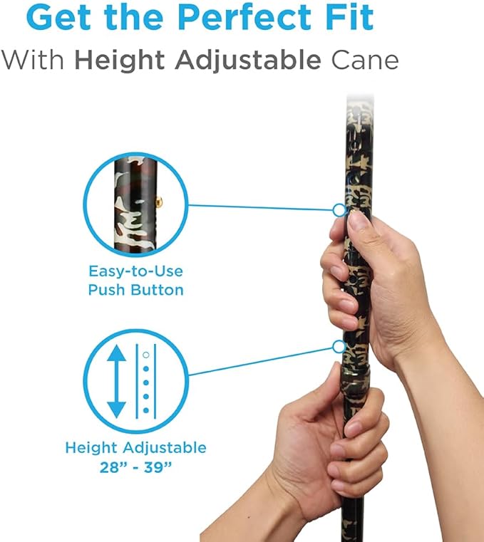 Nova Joy Designer Offset Walking Cane for Seniors - Unisex Adjustable Lightweight Aid with Foam Handle, Wrist Strap and Anti-Rattle Lock - Essential Mobility Support - Camouflage