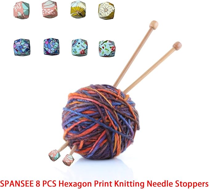 SPANSEE 8 PCS Hexagon Print Knitting Needle Stoppers, Knitting Needle End Caps, Stitch Stoppers, Fit Size 2.5-13 (3mm-9mm) Needles