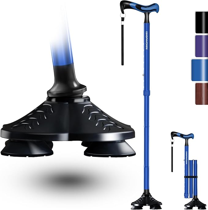 KingPavonini Walking Cane for Men Women Stability, Free Standing Foldable Cane, Ergonomic Handle Pivoting Quad Base, Heavy Duty 350 LBs, Adjustable Walking Canes for Seniors Balance with Travel Bag