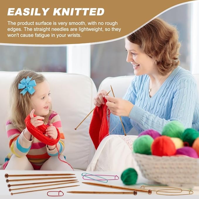 7 Pairs Bamboo Knitting Needles Set & 5PCS Safety Pin Brooch Weaving Sweater Knitting Tool,Long Wooden Single Point Straight Needles, for Beginners for Making Sweater,Shawl,Scarf