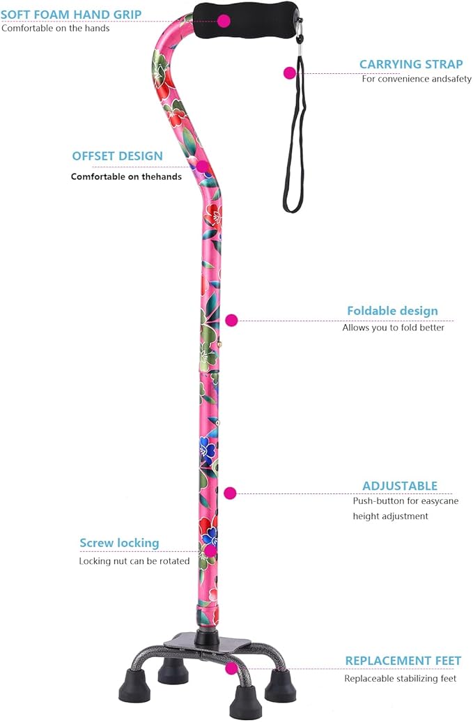 Walking Cane for Women & Men, Adjustable Quad Cane with 4-Prong Base for Stability and Balance, Folding Aluminum Walking Stick for Seniors