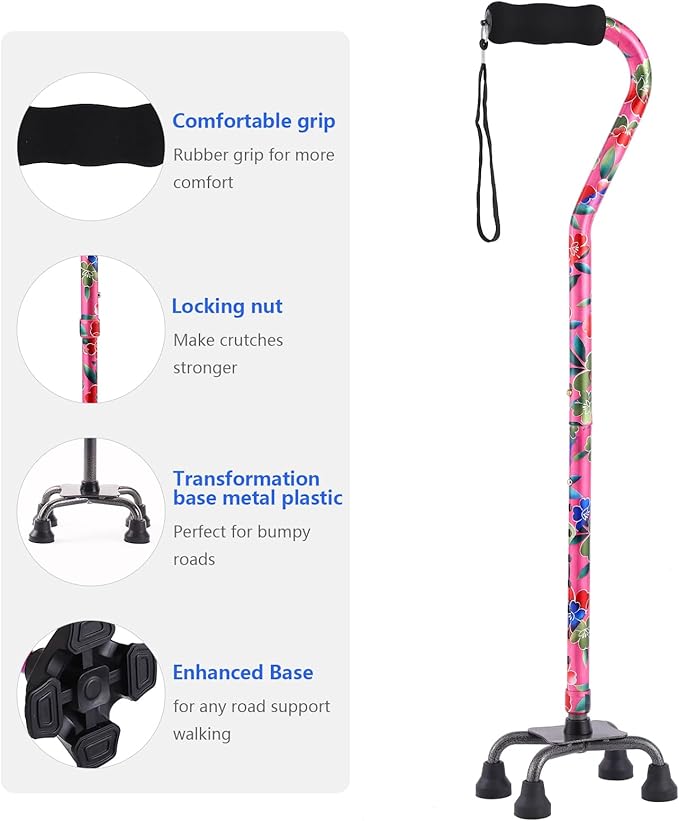 Walking Cane for Women & Men, Adjustable Quad Cane with 4-Prong Base for Stability and Balance, Folding Aluminum Walking Stick for Seniors