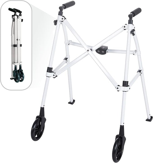 Stander Space Saver Walker, Lightweight Folding Rolling Mobility Aid for Seniors & Adults, Compact 2-Wheel Disability Device with 6-inch Wheels & Ski Glides for Walking Support, Vivid White