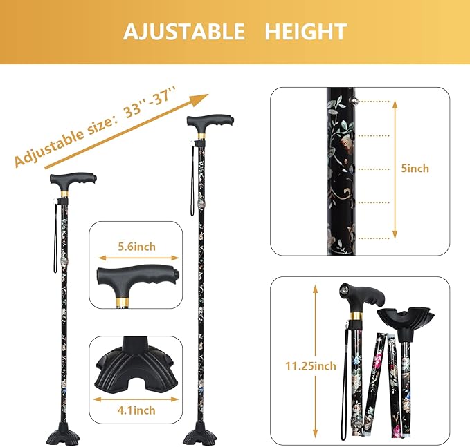 Walking Cane with LED Light, Foldable,Adjustable, Self Standing Walking Canes for Men & Women,Walking Sticks with Quad Base for Seniors & Adults