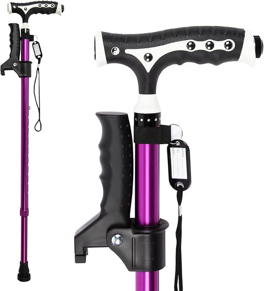 Hold 440 Lbs Walking Cane for Men & Women Aluminum Alloy Lightweight Height Adjustable Walking Stick Heavy Duty Foldbale Free Standing Cane with LED for Seniors Adults