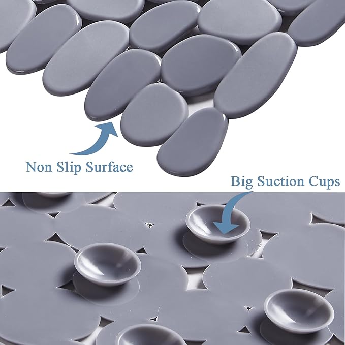 Bath Shower Mat Non Slip: Extra Large Pebble Bathtub mat for Families, Anti Slip Shower Matt with Drain Holes Suction Cups Tub Mat - 16 X 40 Inch Grey