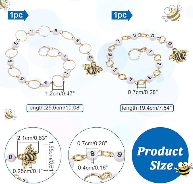 NBEADS 2 Pcs 2 Styles Bees Charm Knitting Row Counter Chains, 0~9 Number Stitch Markers Acrylic Beads Crochet Stitch Marker Charms for Knitting Weaving Sewing Quilting Handmade Jewelry