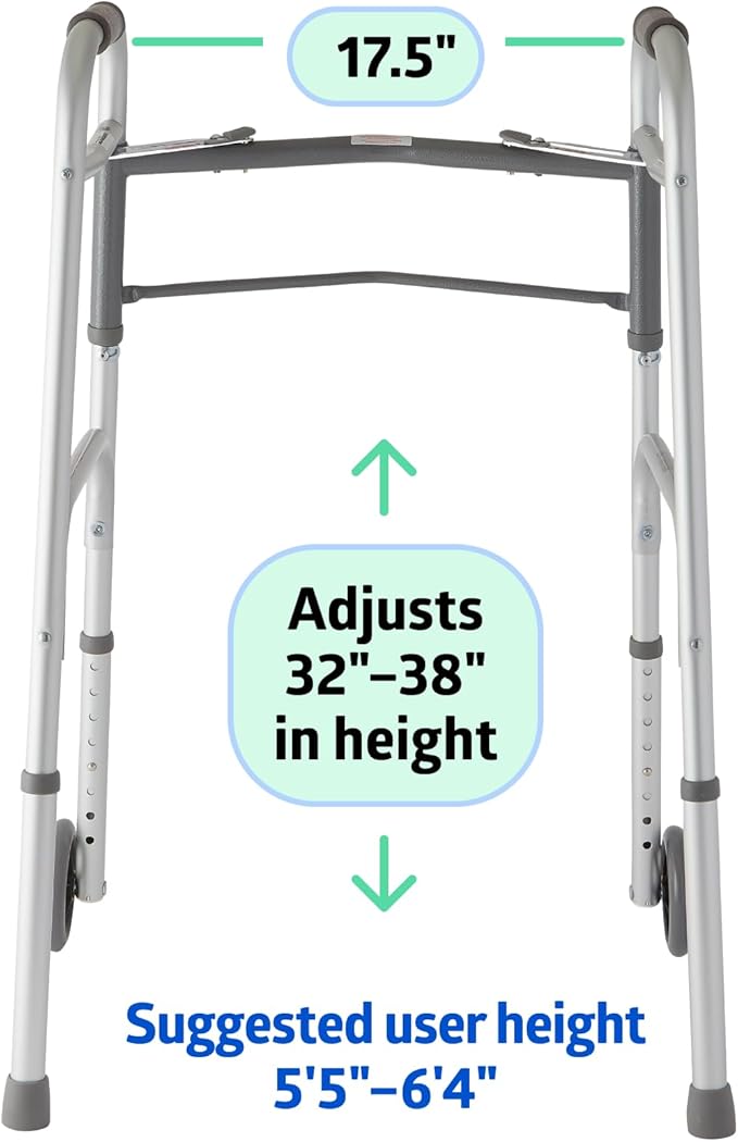 Medline Lightweight Two Button Folding Walker with 5" Wheels, Aluminum Frame Supports up to 300 lbs