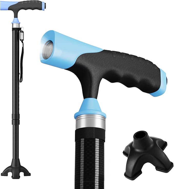 Walking Cane for Men for Stability, Walking Canes with Light,Adjustable Quad Canes for Men with Two Replacement Bases, Ultralight Carbon Fiber Walking Canes for Seniors Balance,Only 0.3kg