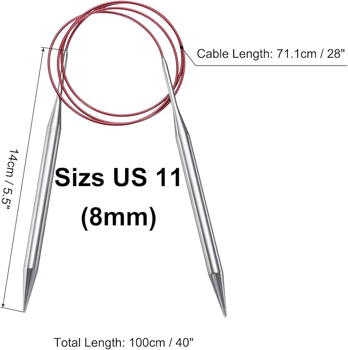 uxcell Size US 11 (8mm) Knitting Needles Circular Needle 40 Inch(100cm) Round Metal Stainless Steel Needle for Handmade Projects DIY Knit Blankets