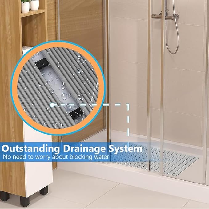 Bath Mat Non Slip Shower Mat Bathtub with Drain Holes and Heavy Duty Rubber No Suction Cups Sturdy Shower Stall Tub Mat for Bathroom, Shower Floor, Pool, SPA, (Grey, 2FT X 9FT)