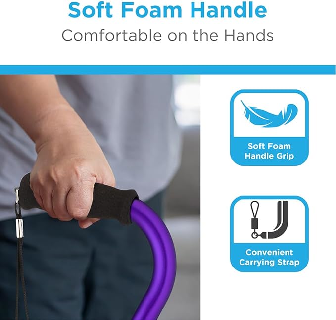 Nova Joy Designer Offset Walking Cane for Seniors - Unisex Adjustable Lightweight Aid with Foam Handle, Wrist Strap and Anti-Rattle Lock - Essential Mobility Support - Purple