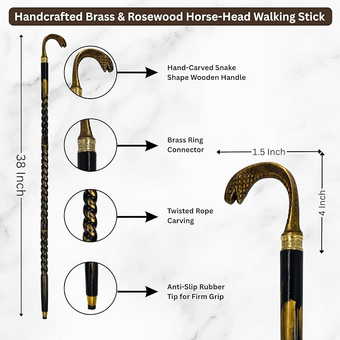 All Black Snake Handle Spiral Wooden Walking Cane
