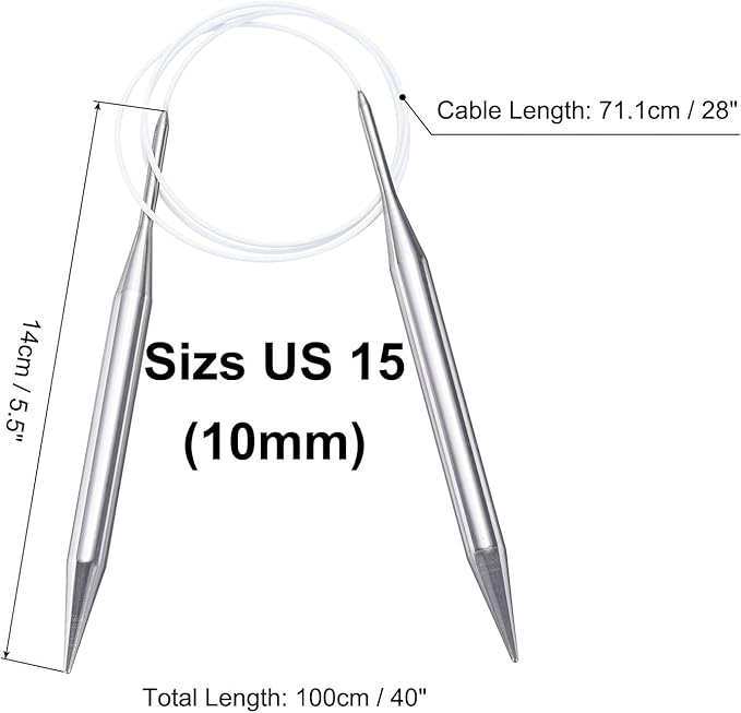 uxcell Size US 15 (10mm) Knitting Needles Circular Needle 40 Inch(100cm) Round Metal Stainless Steel Needle for Handmade Projects DIY Knit Blankets
