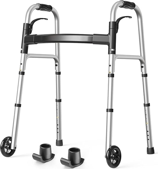 Folding Walkers for Seniors with 2 Skis and 5" Wheels, Lightweight Adult Rolling Walker, Supports Up to 350 Pounds, Adjustable Height, Aluminum Standard Walker, Silver