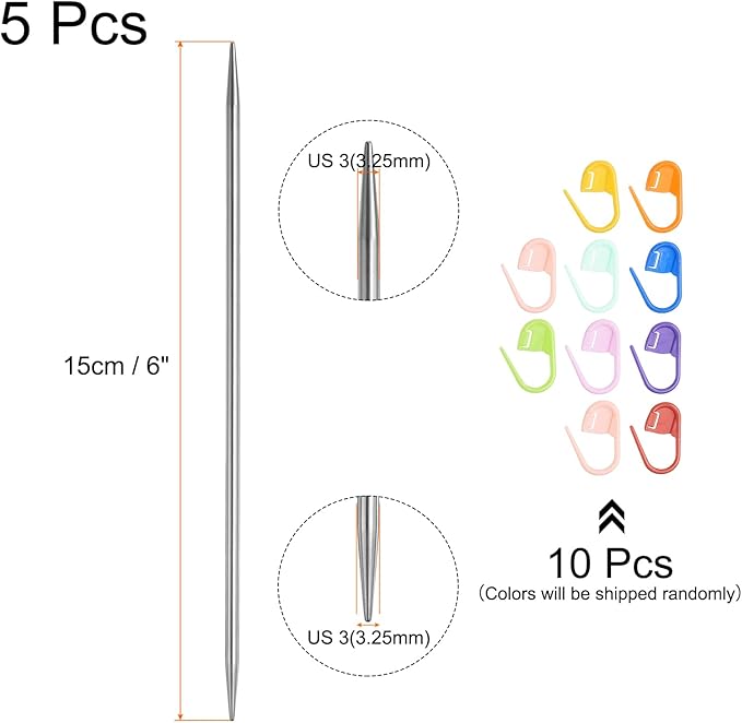 uxcell 5Pcs Knitting Needle Size US 3(3.25mm) 6 Inches (15cm) Length Stainless Steel Double Pointed Sweater Stitching Needles with 10 Colorful Stitch Markers for Handmade Projects DIY