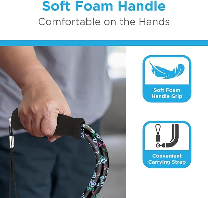 Nova Joy Designer Offset Walking Cane for Seniors - Unisex Adjustable Lightweight Aid with Foam Handle, Wrist Strap and Anti-Rattle Lock - Essential Mobility Support - Black with Flowers